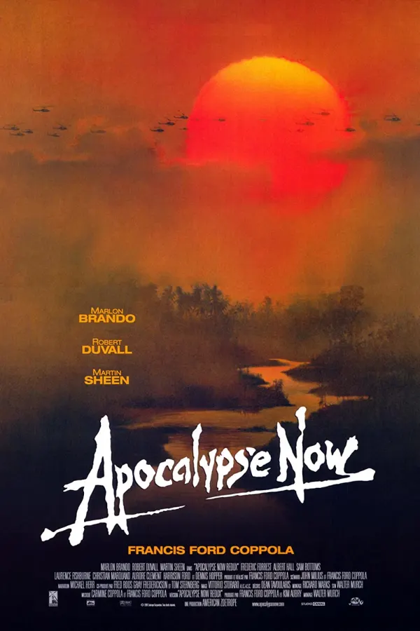 Alt text: Apocalypse Now movie poster featuring a bright red sun setting over a jungle with helicopters flying in the background.