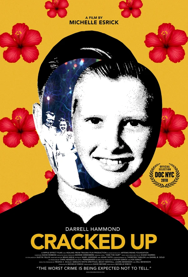 Alt text: Movie poster for 'Cracked Up' by Michelle Esrick, featuring Darrell Hammond's childhood photo and vibrant flowers.