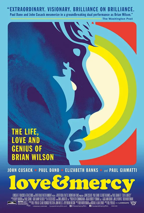 Colorful movie poster for Love & Mercy depicting Brian Wilson's life, featuring actors John Cusack and Paul Dano.