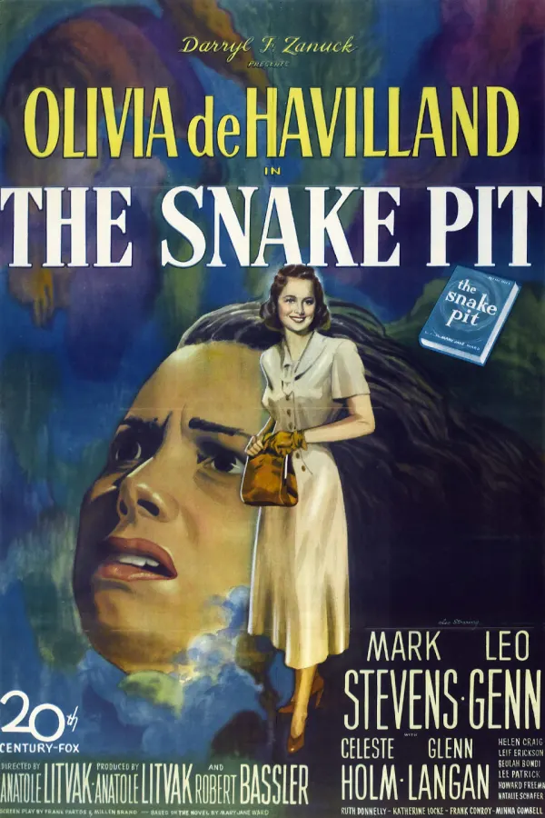 Alt text: Movie poster for 'The Snake Pit' featuring Olivia de Havilland, depicting themes of mental health and emotional struggle.