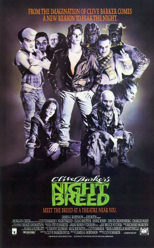 Movie poster for Clive Barker's *Nightbreed*, featuring an ensemble of diverse characters and the tagline Meet the breed at a theatre near you.