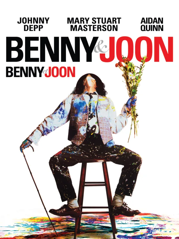 Benny and Joon movie poster featuring a man covered in paint holding flowers, portraying themes of love and mental health.