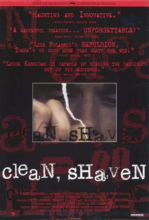 Alt text: Movie poster for 'Clean, Shaven' featuring a close-up of a distressed man, addressing themes of schizophrenia.