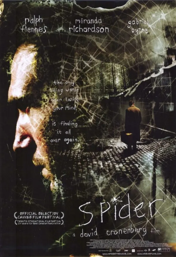 Alt text: Film poster for 'Spider' featuring Ralph Fiennes, exploring themes of mental illness and memory.