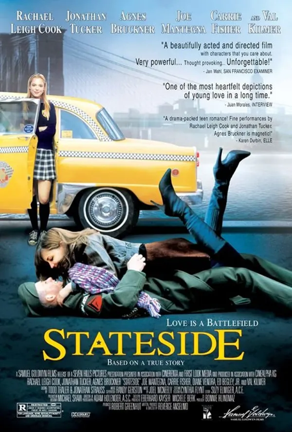 Film poster for Stateside, featuring characters in a taxi with the tagline Love is a Battlefield, based on a true story.