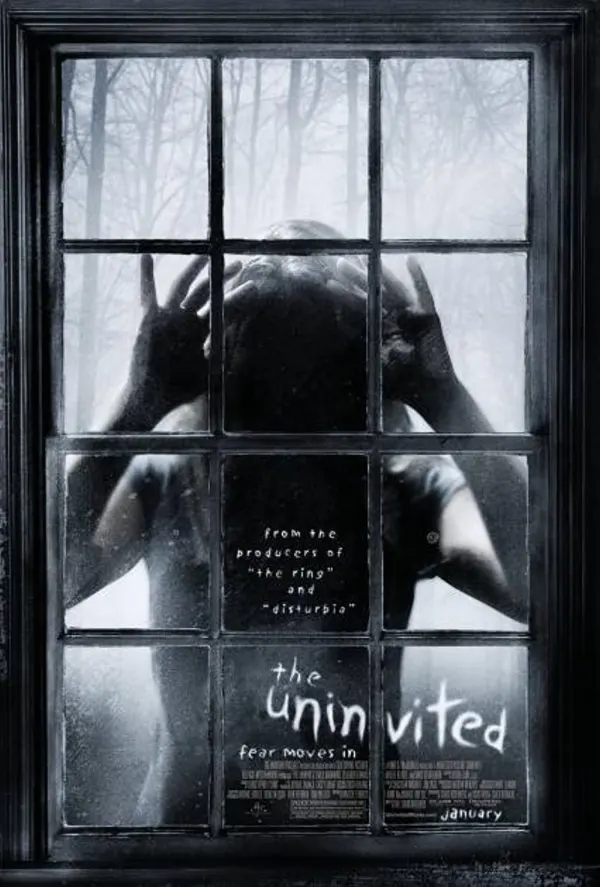 Silhouette of a distressed person pressing against a foggy window, promoting the horror film The Uninvited.