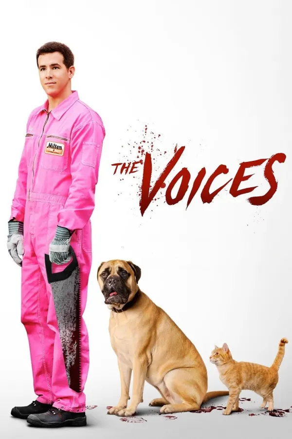 A man in a pink jumpsuit stands with a large knife, accompanied by a dog and a cat, in the movie The Voices.