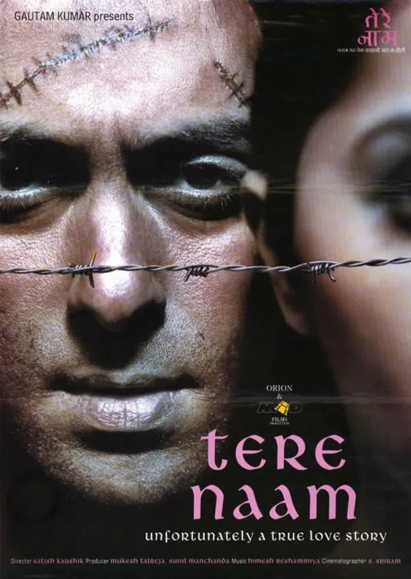 Cinematic poster for Tere Naam, featuring a man with stitched scars and the tagline unfortunately a true love story.