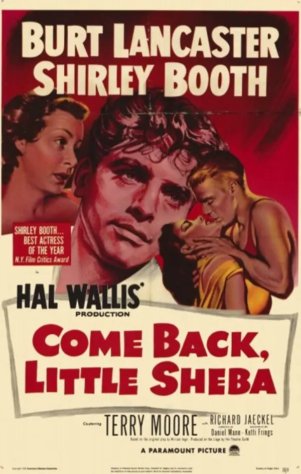 Alt text: Movie poster for 'Come Back, Little Sheba' featuring Burt Lancaster and Shirley Booth, highlighting themes of addiction and relationships.