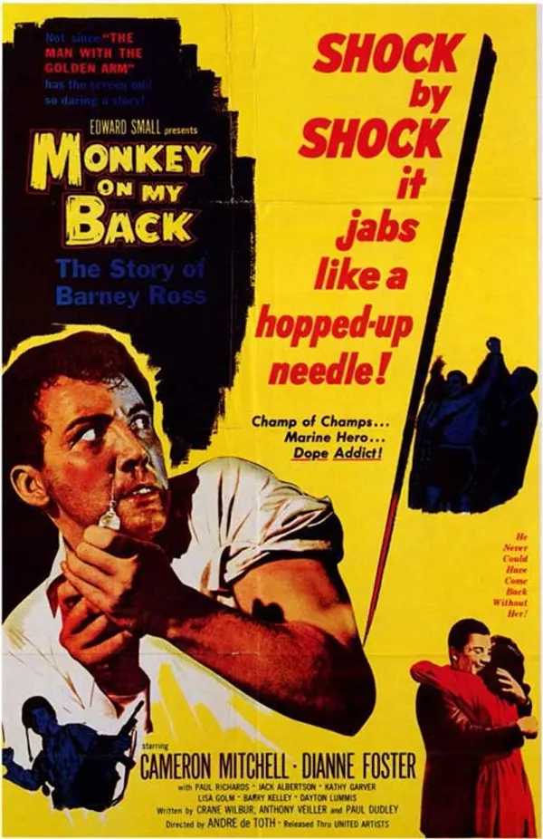 Vintage movie poster for Monkey on My Back, depicting a man in distress, highlighting themes of addiction and recovery.