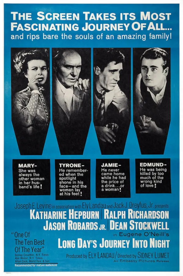 Movie poster for Long Day's Journey Into Night, featuring characters Mary, Tyrone, Jamie, and Edmund, highlighting family struggles.