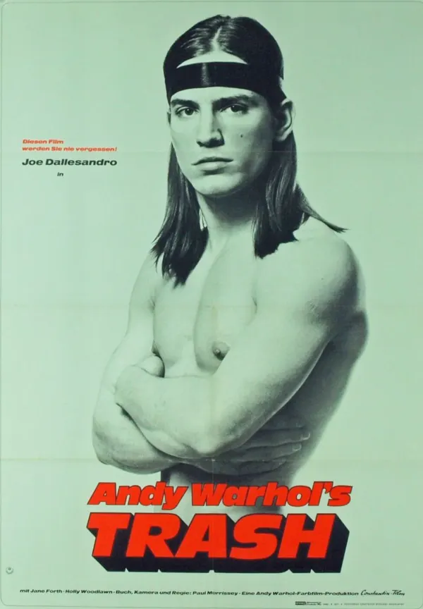 Black and white movie poster for Andy Warhol's Trash, featuring Joe Dallesandro with a serious expression.