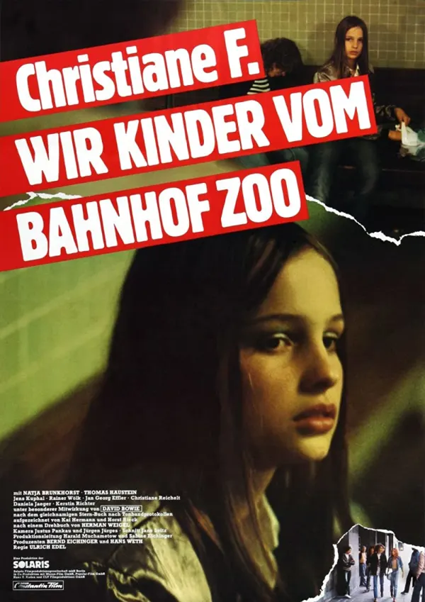 Alt text: Film poster for 'Christiane F. – Wir Kinder vom Bahnhof Zoo,' highlighting themes of addiction and youth struggles.