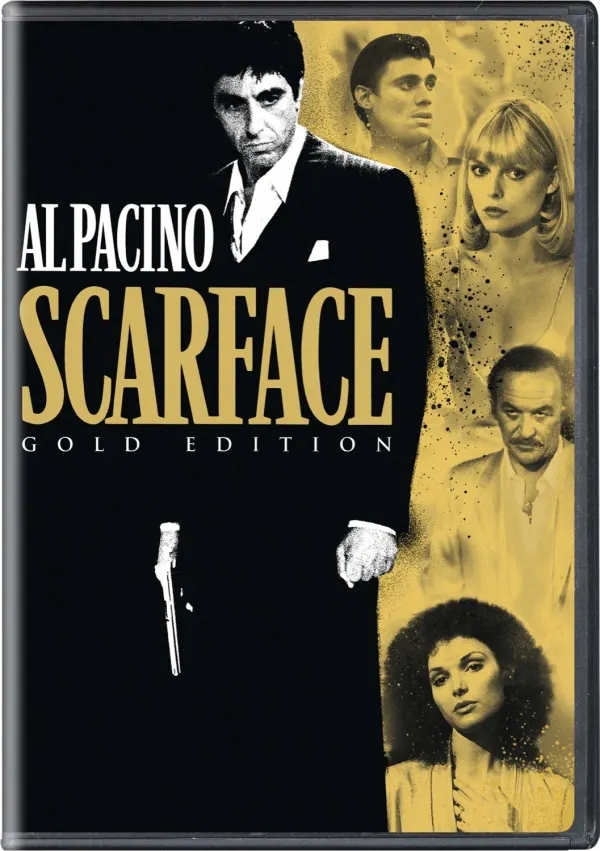Cover of Scarface featuring Al Pacino prominently, alongside key characters, illustrating themes of substance abuse and crime.