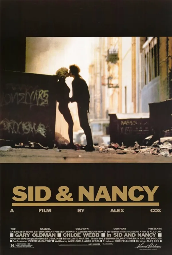 Sid and Nancy movie poster featuring a couple embracing in an urban setting, highlighting themes of addiction and relationships.