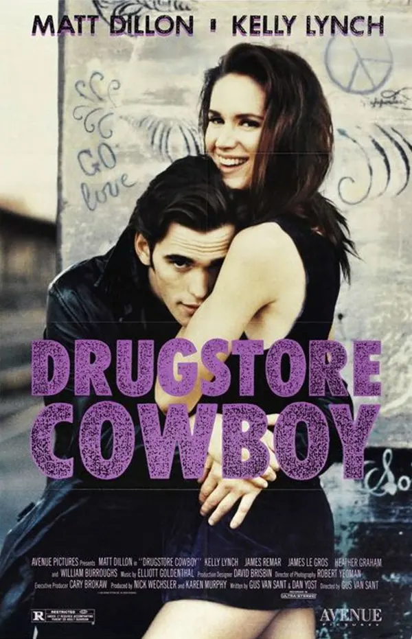 Alt text: Movie poster for 'Drugstore Cowboy' featuring characters amid graffiti, highlighting addiction and relationships.