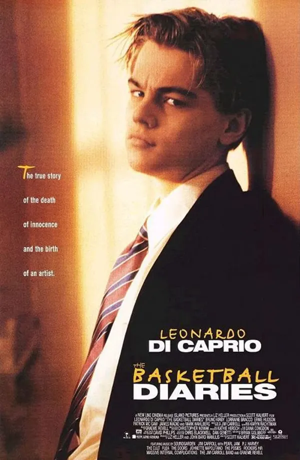 Alt text: Movie poster for 'The Basketball Diaries' featuring Leonardo DiCaprio, focusing on addiction and youth struggles.