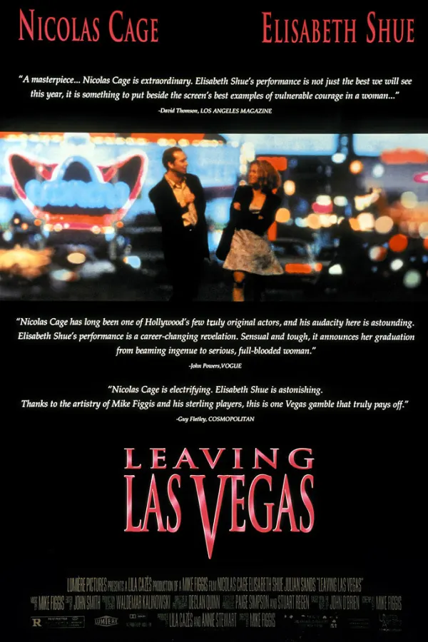 Alt text: Movie poster for 'Leaving Las Vegas' featuring Nicolas Cage and Elisabeth Shue, highlighting addiction and recovery themes.