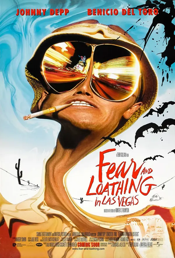 Alt text: Movie poster for 'Fear and Loathing in Las Vegas' featuring distorted faces and vibrant colors, addressing substance use themes.