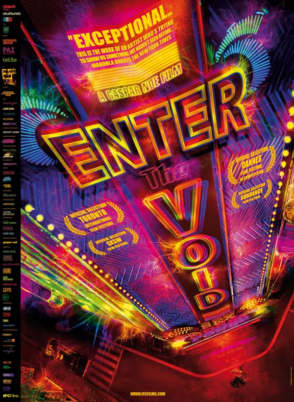 Colorful poster for Enter the Void, highlighting its artistic vision and festival selections for films about substance-related disorders.