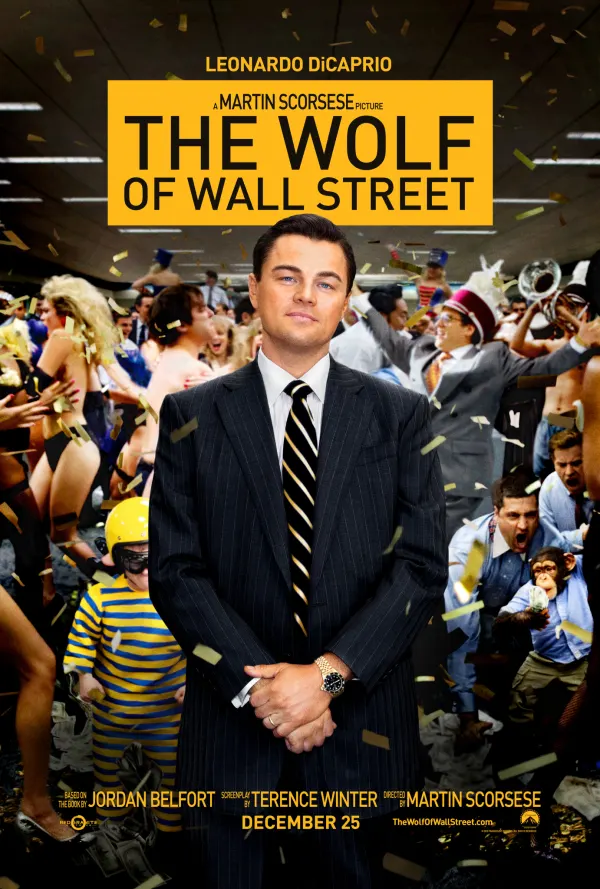 Leonardo DiCaprio stars in The Wolf of Wall Street, depicting themes of substance use and addiction in a high-energy setting.