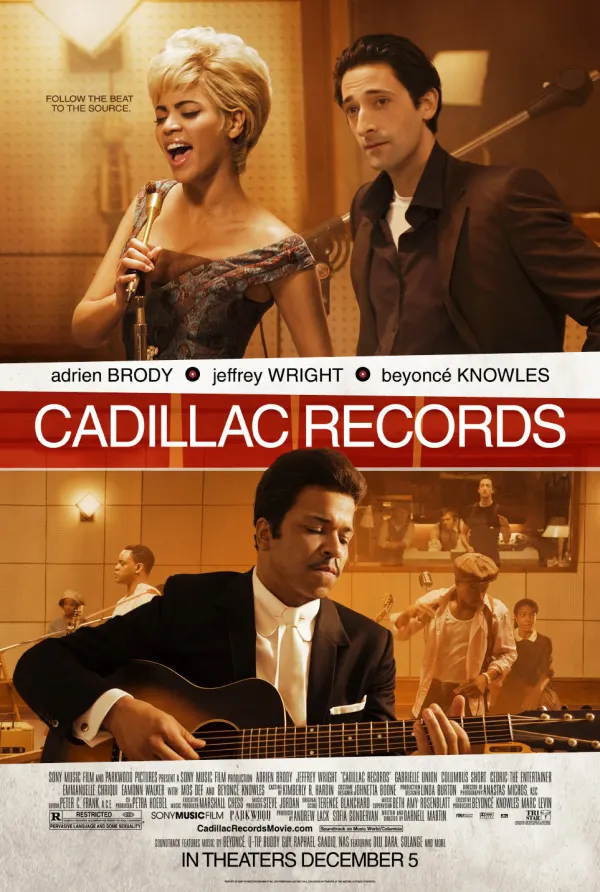 Alt text: Promotional poster for 'Cadillac Records' featuring musicians in a recording studio, highlighting themes of substance-related disorders.