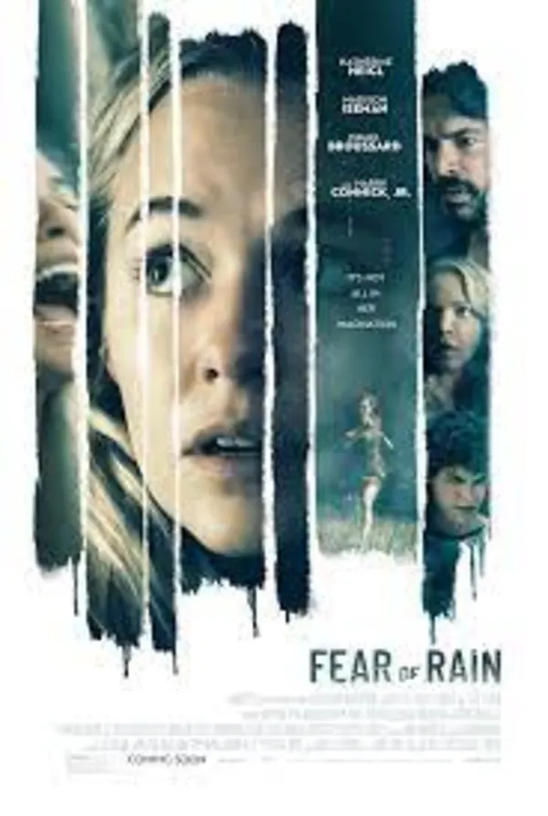 Movie poster for 'Fear of Rain,' depicting a woman with an expression of distress amidst fragmented visuals of other characters.