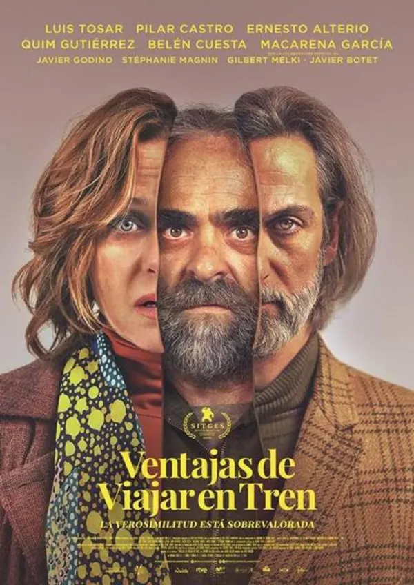 Film poster for Ventajas de Viajar en Tren, featuring three faces merged to depict complex relationships and identities.
