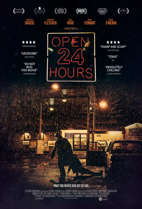Film poster for Open 24 Hours, featuring a rain-soaked scene at a gas station with a character holding a gas canister.