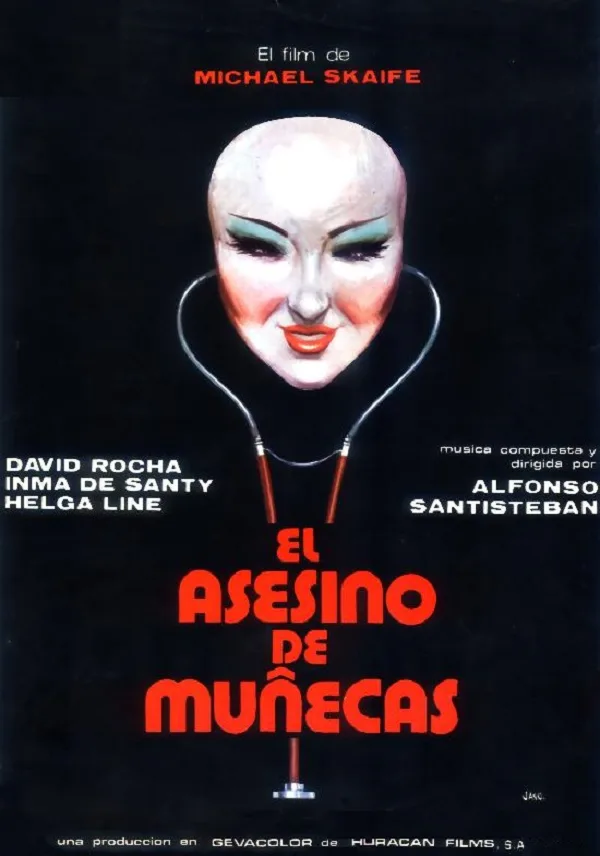 Movie poster for 'El Asesino de Muñecas' featuring a stylized mask with red lips and bold title text.