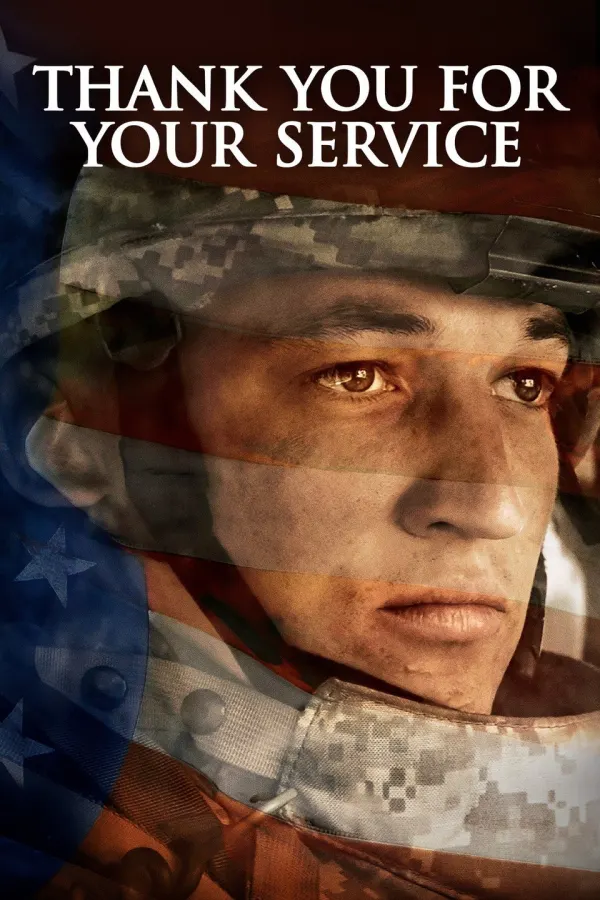 Portrait of a soldier with a serious expression, overlaid with an American flag and the text Thank You For Your Service.
