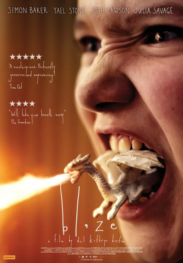 Alt text: Movie poster for 'Blaze' featuring a child with a toy dragon in his mouth, representing themes of imagination and struggle.