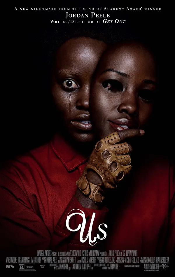 Movie poster for Us, directed by Jordan Peele, showcasing two contrasting figures, hinting at themes of duality and identity.