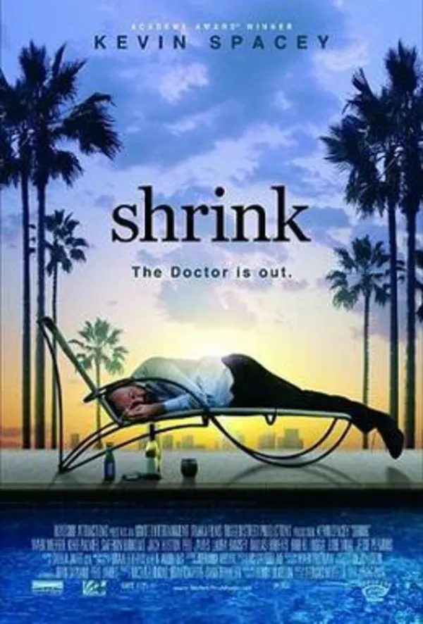 Movie poster for Shrink, featuring a man reclining by a pool with bottles, highlighting themes of substance use and mental health.