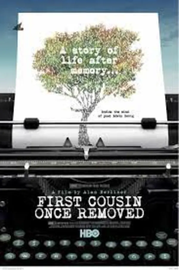Poster for First Cousin Once Removed, featuring a tree and typewriter, exploring life after memory.