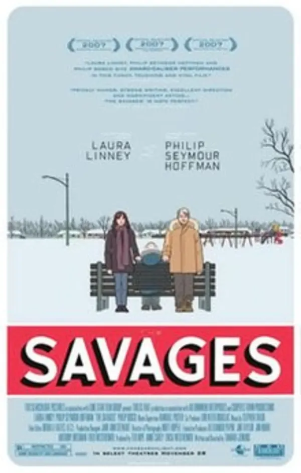 Alt text: Movie poster for 'Savages' featuring Laura Linney and Philip Seymour Hoffman standing by a park bench in winter.