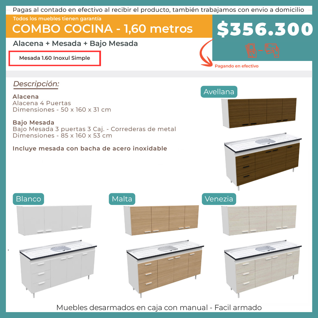 COMBO COCINA 1.6 MTS MESADA CENTRAL SIMPLE