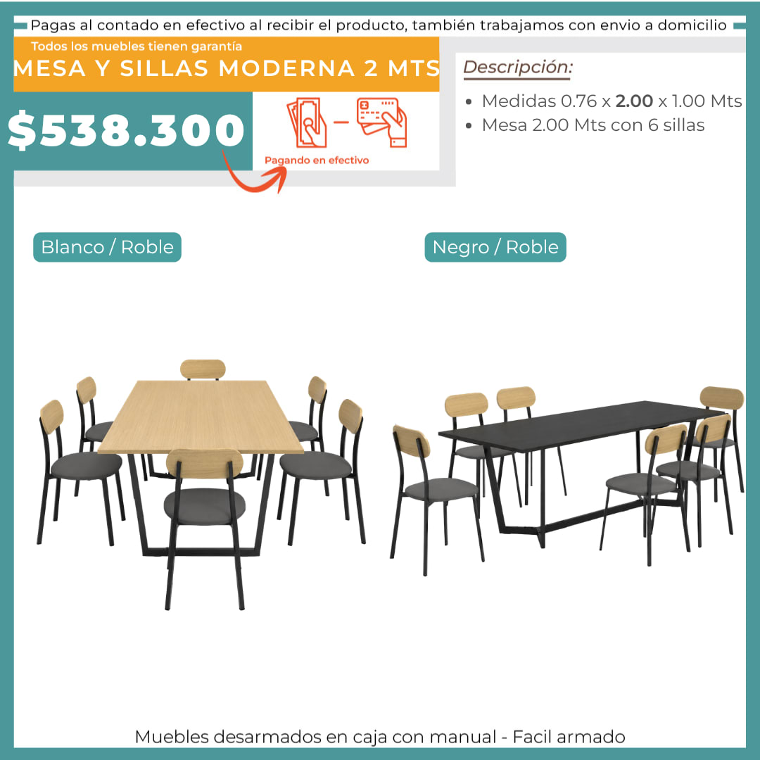 MESA Y SILLAS MODERNA 2 MTS