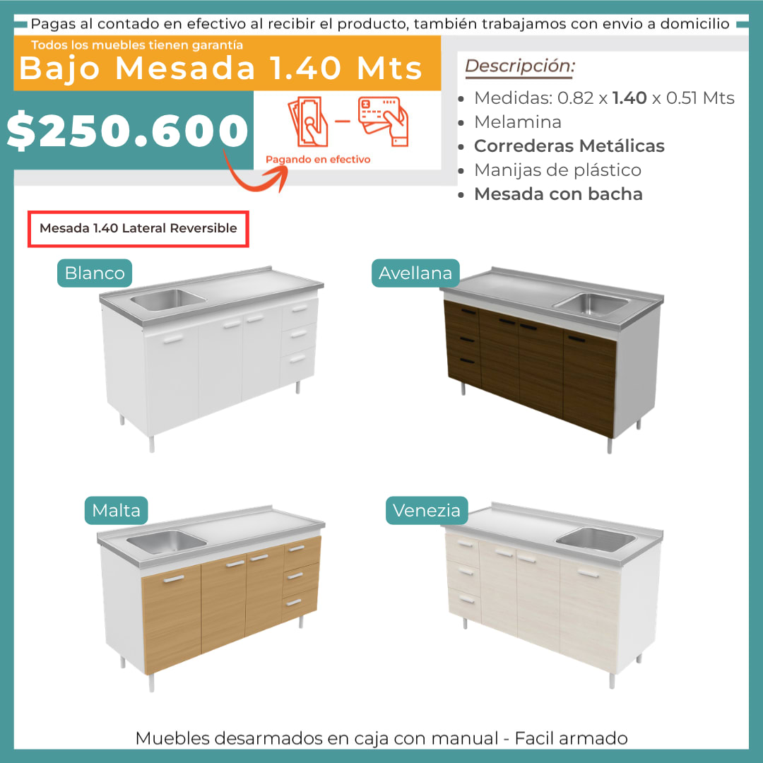 BAJO MESADA 1.4 + MESADA LATERAL REVERSIBLE