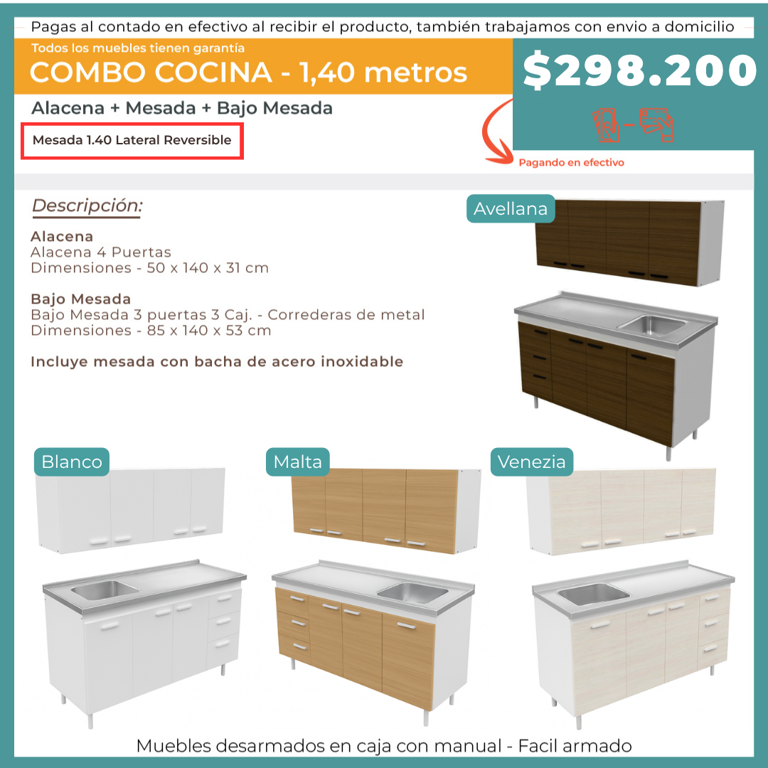 COMBO COCINA 1.4 MTS LATERAL REVERSIBLE