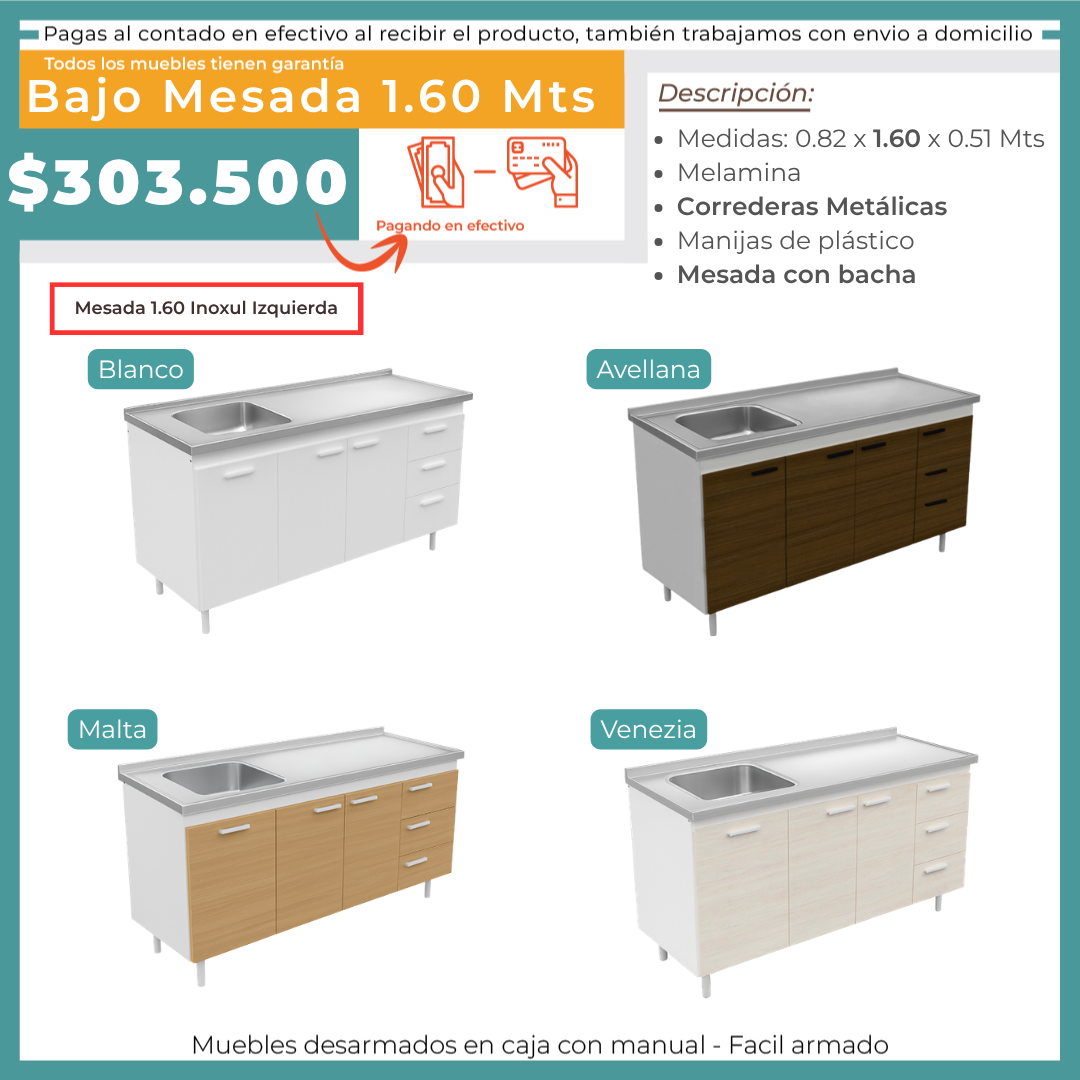 BAJO MESADA 1.6 MTS + MESADA IZQUIERDA