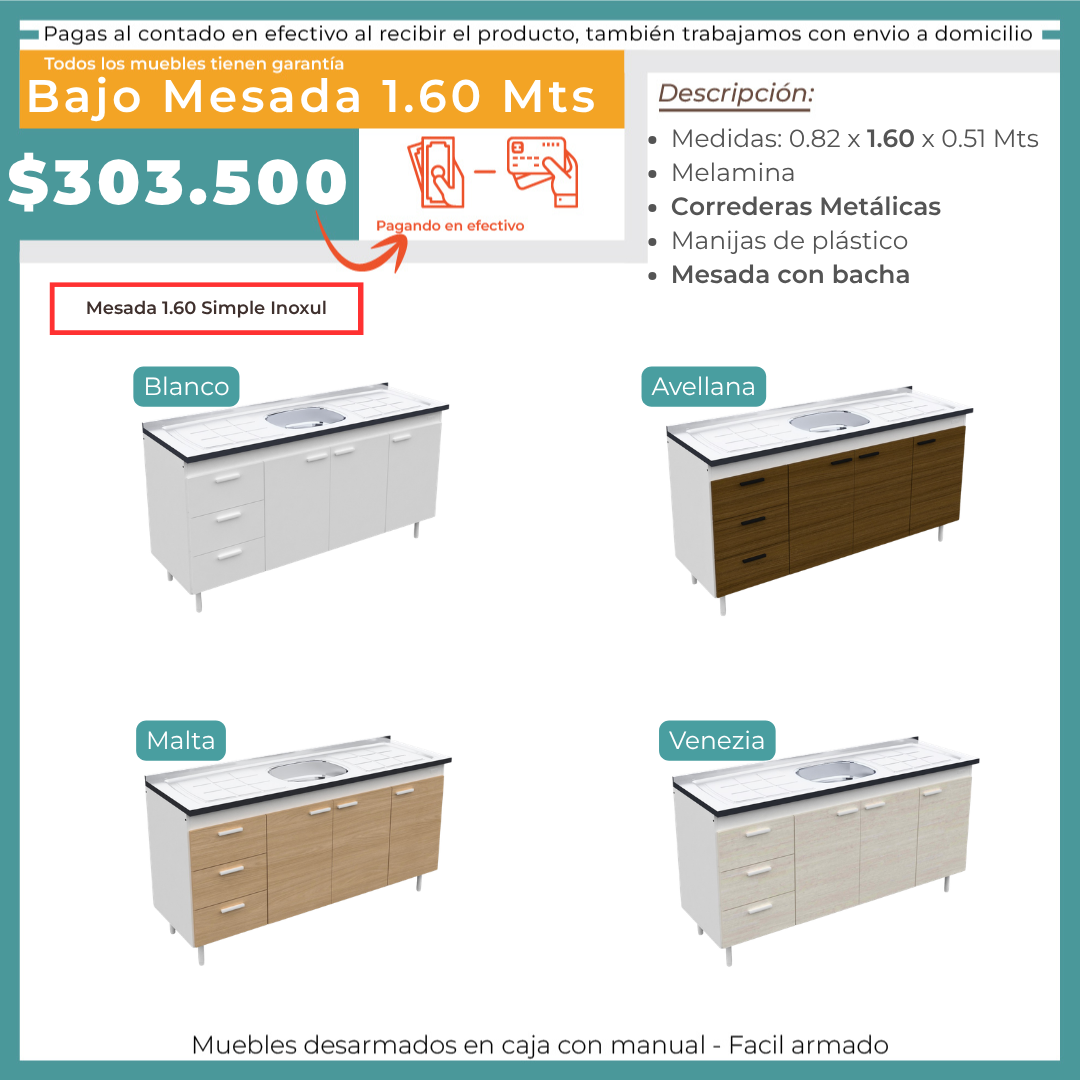 BAJO MESADA 1.6 MTS + MESADA CENTRAL