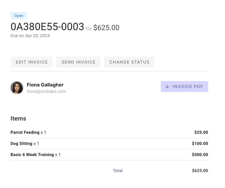 Snapshot of an invoice created from Fetch