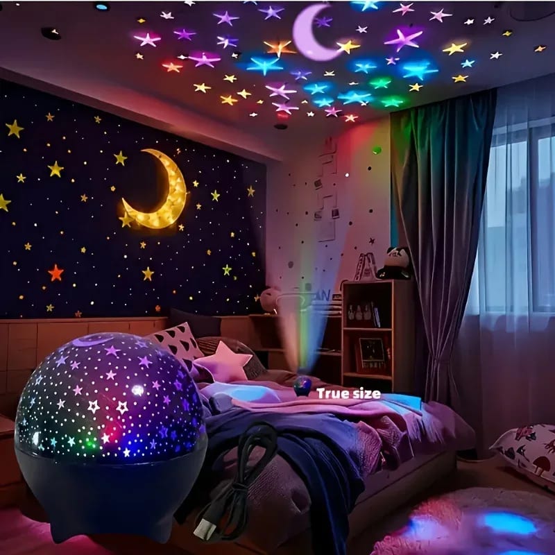 Projetor Galáxia Estrelada TinySteps: Luz Noturna Mágica para Quarto Infantil com Lua e Cores RGB