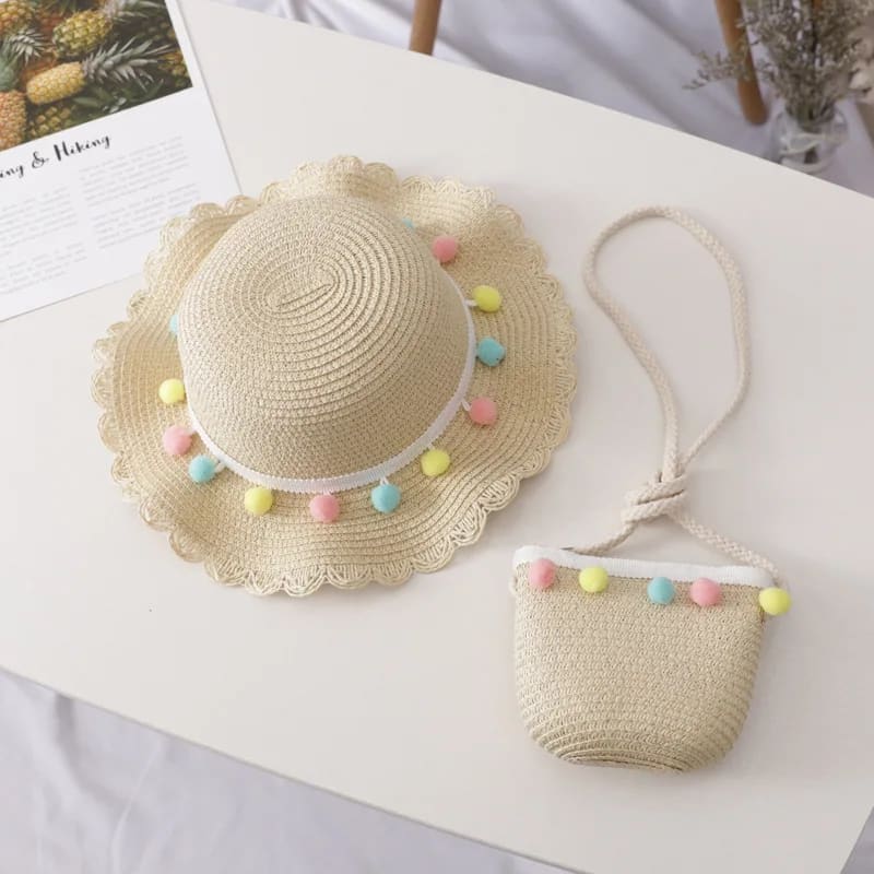 Chapéu de Palha Infantil Menina com Bolsa TinySteps - Proteção Solar e Estilo para o Verão 2