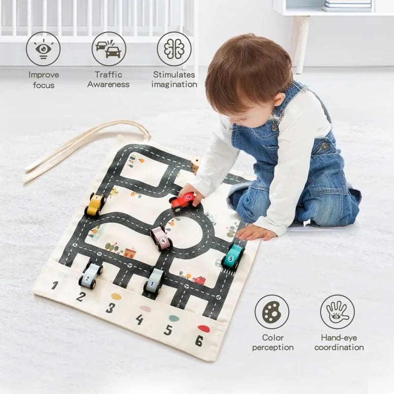Tapete Interativo Montessori TinySteps: Jogo de Estrada com Carrinhos de Madeira para Crianças 6