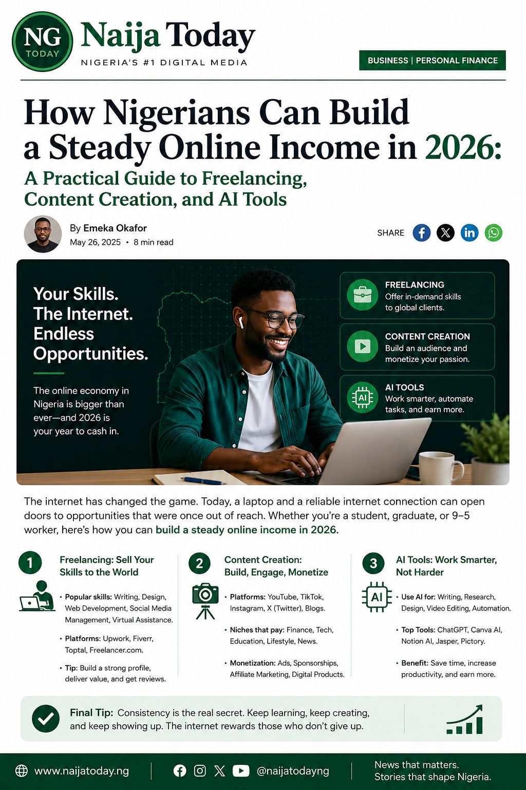 How Nigerians Can Build a Steady Online Income in 2026: A Practical Guide to Freelancing, Content Creation, and AI Tools