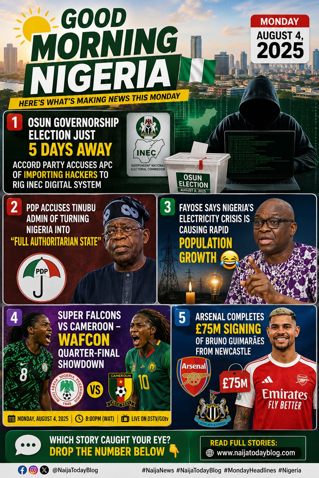 Good Morning Nigeria: Osun Election, Tinubu, Super Falcons & Arsenal Lead Monday Headlines