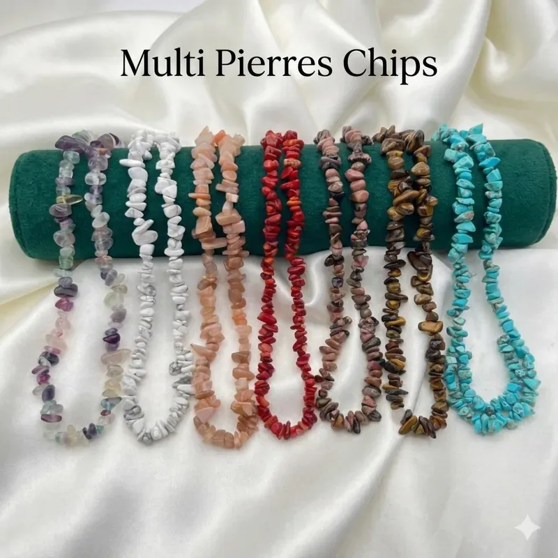 Multi pierres chips (,turquoise, oeil de tigre, jasper, fluorite, howalite, sodalite, rhodonite, unakite, coquillage, sun stone, copie corail )