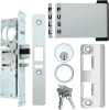 Trulite Left Hand Commercial Door Deadlatch Lock Kit, 1-1/8 in. Backset, Includes Outside Mortise Key Cylinder and Inside Push To Exit Paddle Handle, Aluminum Finish - Image 1 of 0